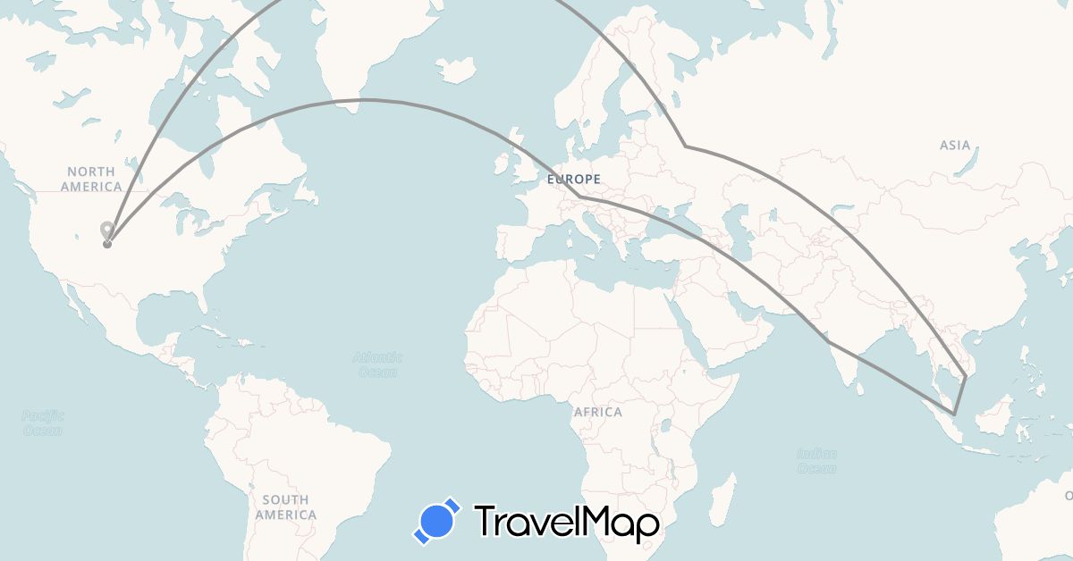 TravelMap itinerary: driving, plane in Germany, India, Japan, Singapore, United States, Vietnam (Asia, Europe, North America)
